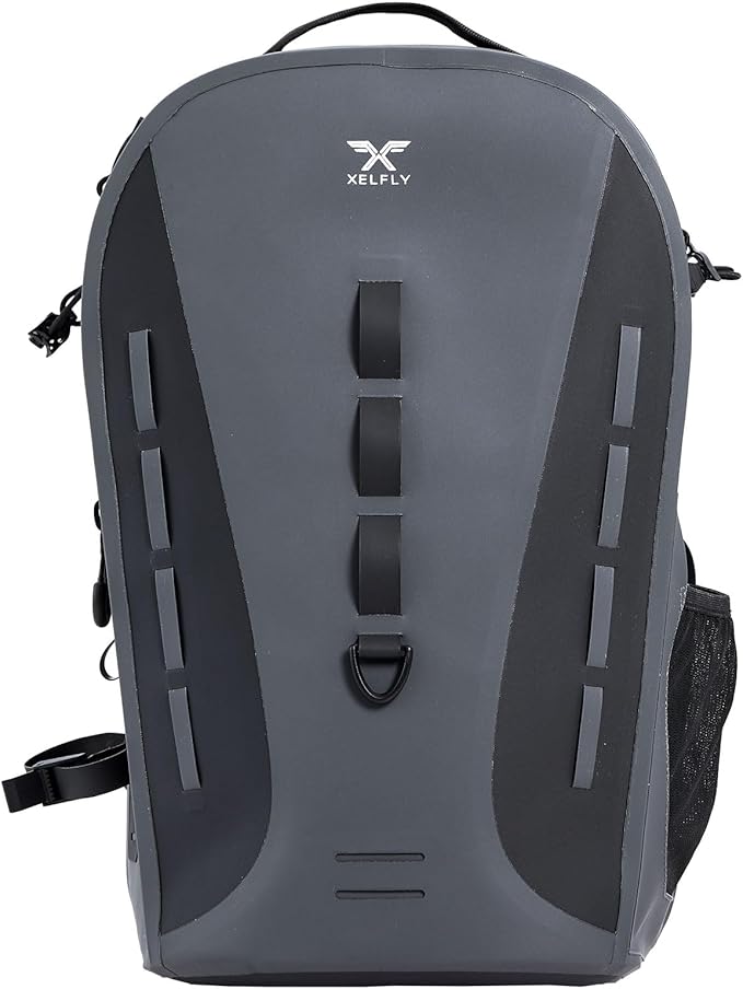 Xelfly Waterproof Fishing Backpack G2 with Rod Holder, Inflatable Air Valve, Padded Waist Straps & Gear Loops - Submersible Zipper, Rugged Top Handle, Adjustable Attachments (Gray)