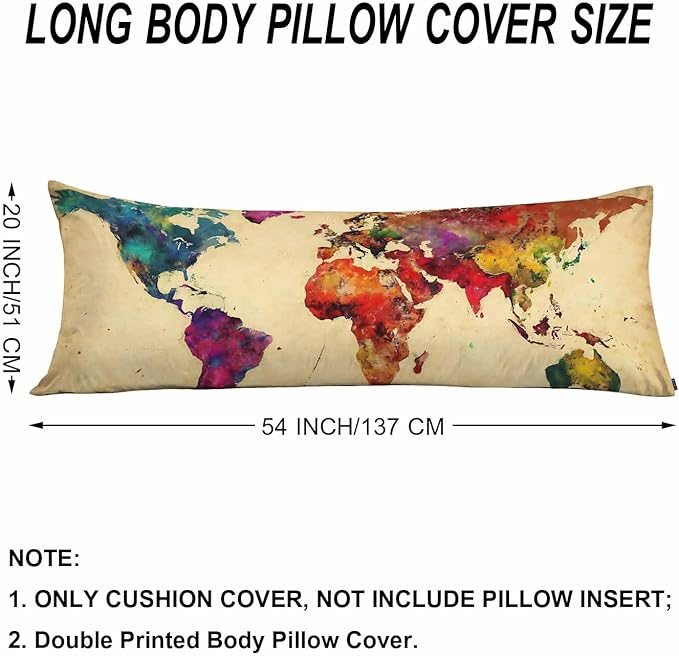 World Map Body Pillow Pillowcase, Retro World Map Colorful Body Pillow Cushion Cover, 20x54 Inch Lumbar Pillow Cover Large Pillow Protector for Home Couch Sofa