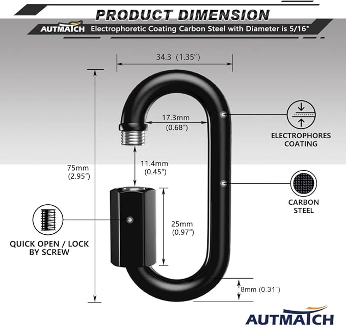 AUTMATCH Carabiner Clips, 3" Spring Snap Hook Caribeener Clips Buckle Heavy Duty Locking Carabiners Chain Quick Links, 4 Pack