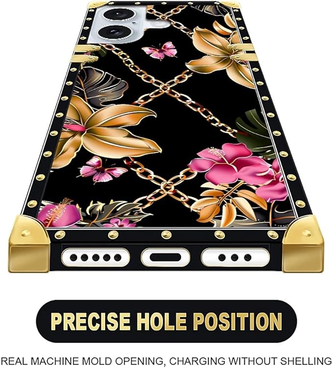Compatible with iPhone 16 Plus Case, Pink Golden Chain Tropical Flower Luxury Golden Decoration for Girl Women Soft TPU Shockproof Protective Hard PC Back