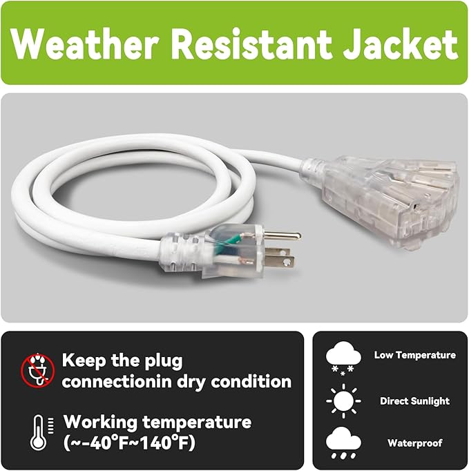 EP 20FT 12 Gauge Heavy Duty Extension Cord, 15A 125V 1875W, 3 Outlet Indoor/Outdoor Power Cord with Lighted End, 12/3 SJTW Weatherproof White, ETL Listed