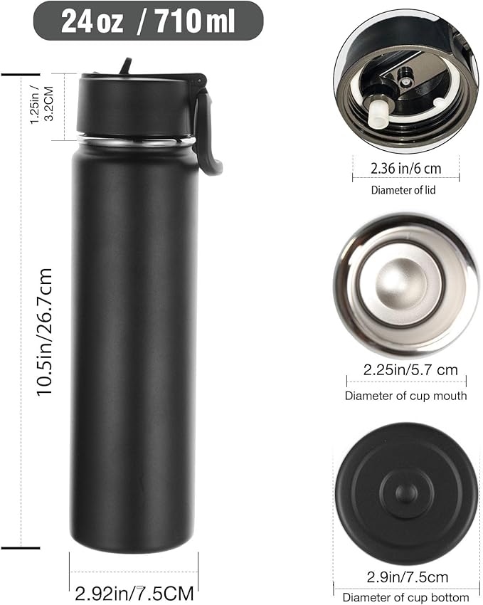 Volhoply 24 Ounce Insulated Water Bottle With Straw Lid,Stainless Steel Wide Mouth Sport Bottles With Handle,Double Wall Vacuum Cups Keep Cold,Reusable Travel Thermal Cups For Holder,Gym(Black,1)