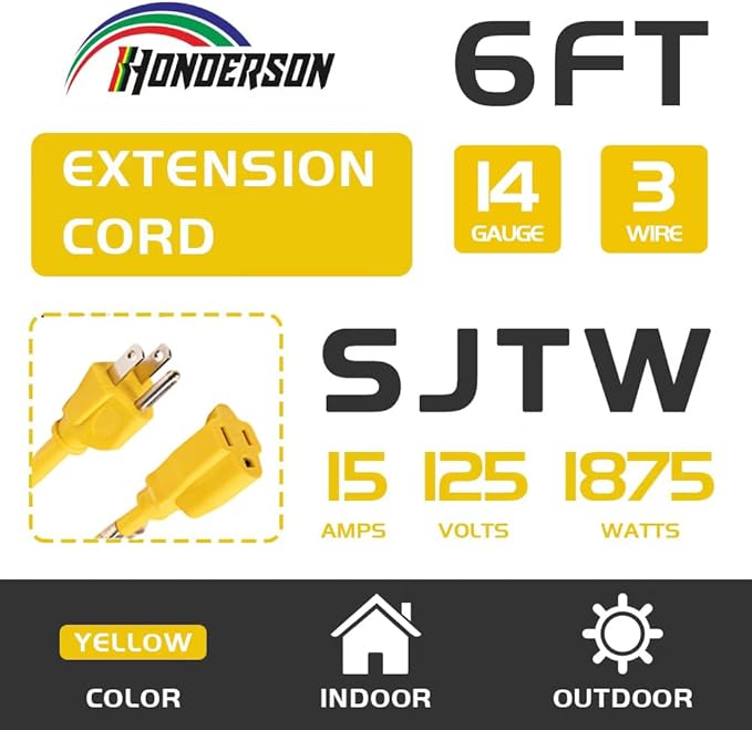 Indoor Outdoor Extension Cord Weatherproof, UL Certified, 14 Gauge 6FT Yellow 3 Prong Heavy Duty, 14/3 SJTW 15A Power Cord for Outdoor Lights, Appliances, Lawn