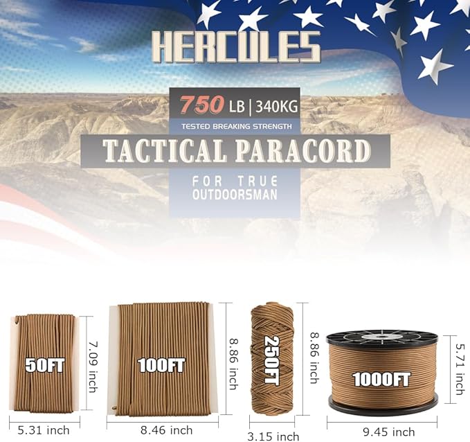 HERCULES 750lb Paracord 4mm 11 Strands Tactical Parachute Cord, 50' 100' 250' 1000' Utility Rope for Camping, Survival, Outdoor Gear (Coyote, 250FT)