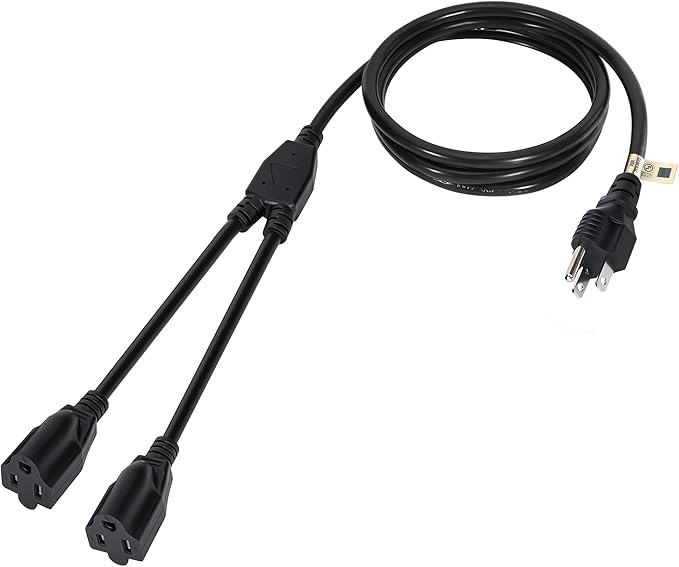 2 Way Power Cord Splitter Cable 10 Ft-3 Prong 1 to 2 Extension Cord-Outlet Saver-Elecan Male to Female Y Splitter Power Extension Cable Strip–UL Certified SJTW 16 Gauge 13 A/125 V–Black
