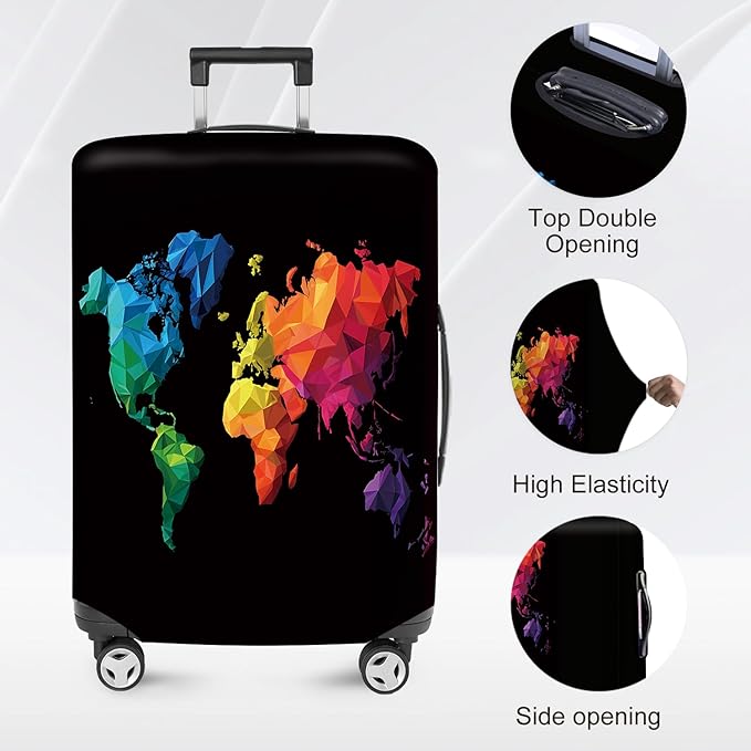 ANNA QUEEN Geometric World Map Travel Luggage Cover -Stretchable Airplane Suitcase Protector Sleeve,Universal Washable Fit for 20-22 Inch Checked Baggage,Water Resistant Durable Luggage Protector