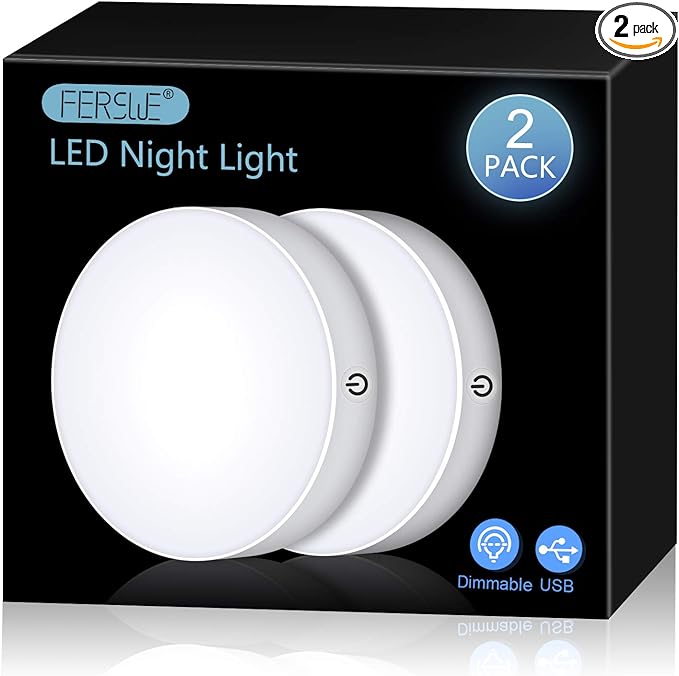 Ferswe Rechargeable Tap Lights, Dimmable Touch Night Lights with 1000mAh Large Battery, Stick on Light for Closet, Bedroom, Bathroom and Cabinet (2 Pack)