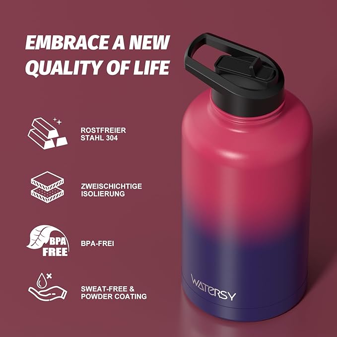 64oz Insulated Water Bottle (Cold for 48 Hrs),BPA Free&Leak Proof,Half Gallon Stainless Steel Water Flask,Water Jug with Straw Spout Lids for Gym,Hiking,Camping,Red Purple