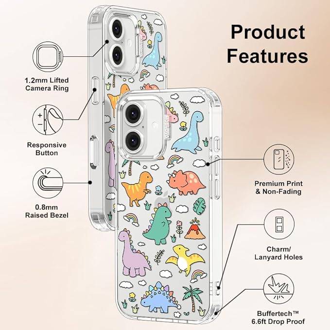 MOSNOVO Case for iPhone 16, [Buffertech 6.6ft Military-Grade Drop Protection] [Anti Peel Off Tech] Clear TPU Bumper Phone Case Cover Design - Dinosaur Land