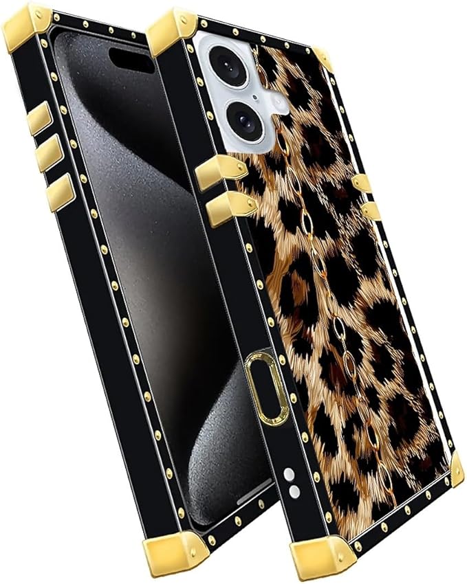 Compatible with iPhone 16 Plus Case, Seamless Gold Chain Leopard Luxury Golden Decoration for Girl Women Soft TPU Shockproof Protective Hard PC Back