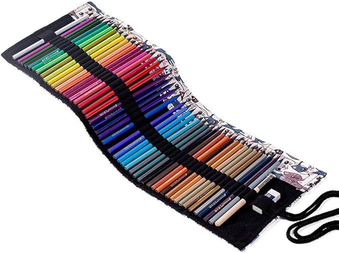 Funny live 24/36/48/72 Slots Colored Pencil Wrap Roll up Pen Holder Case Drawing Coloring Pencil Roll Organizer Stationery Case for Student Artist Traveler (Big-Head Cats, 36 Slots)