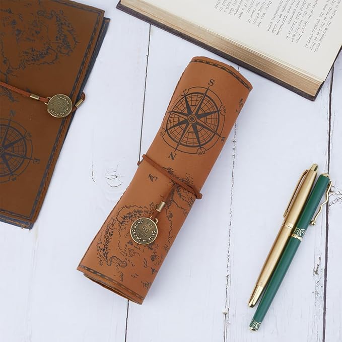 GORGECRAFT PU Leather Pencil Bag Strap Vintage Treasure Map Compass Cover Rollup Storage Organizer Retro Portable Stationery Pouch Pen Bag Wrap Roll Case Holder for Artist Drawing Makeup Light Camel