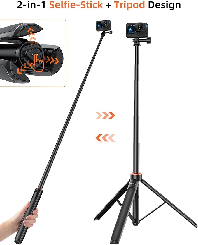 53.5" Action Camera Selfie Stick Tripod for DJI Osmo Pocket 3, GoPro Hero 13/12/11/10/Max2, DJI Action 5 Pro/4, 2-in-1 Extendable Travel Vlog Handle Stand/Accessory for Vlog Video Recording