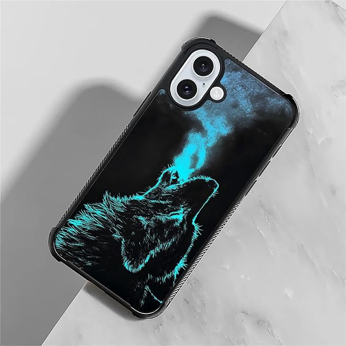 for iPhone 16 Plus Case, Blue Breathing Wolf Pattern Graphic Design Girl Boy Soft Silicone Hard Acrylic Shock Protection for iPhone 16 Plus