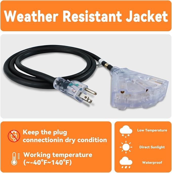 EP 20 Ft 12 Gauge Heavy Duty Extension Cord, 15A 125V 1875W, 3 Outlet Indoor/Outdoor Power Cord with Lighted End, 12/3 SJTW Weatherproof Black