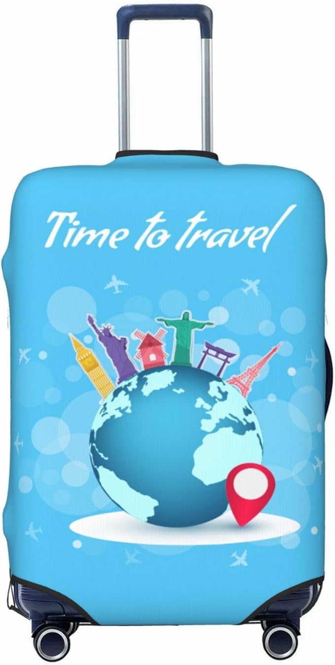 Travel Luggage Cover with Time to Travel Print, World Landmarks Design, Elastic Suitcase Protector for Suitcases (Fits 18-21 Inch Luggage)