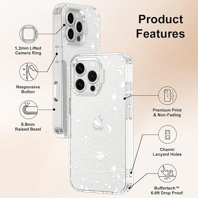 MOSNOVO Case for iPhone 16 Pro Max, [Buffertech 6.6ft Military-Grade Drop Protection] [Anti Peel Off Tech] Clear TPU Bumper Phone Case Cover Design - Galaxy