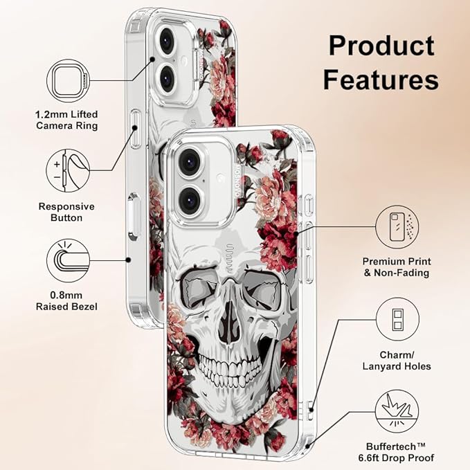 MOSNOVO Case for iPhone 16 Plus, [Buffertech 6.6ft Military-Grade Drop Protection] [Anti Peel Off Tech] Clear TPU Bumper Phone Case Cover Design - Red Flower Skull