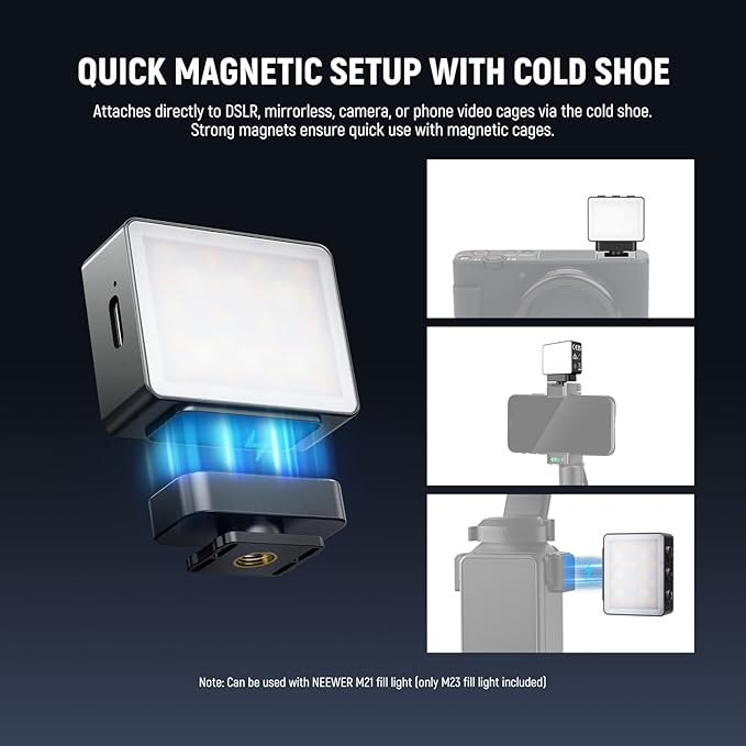 NEEWER Basics Magnetic RGB Camera Auxiliary Light, 1.5W Plastic Small Cold Shoe LED Panel Video Photo Fill Lighting for DSLR Action Cam Phone Cage AC024 OSMO Pocket 3 Mount & M21, CRI95+ 500mAh, M23