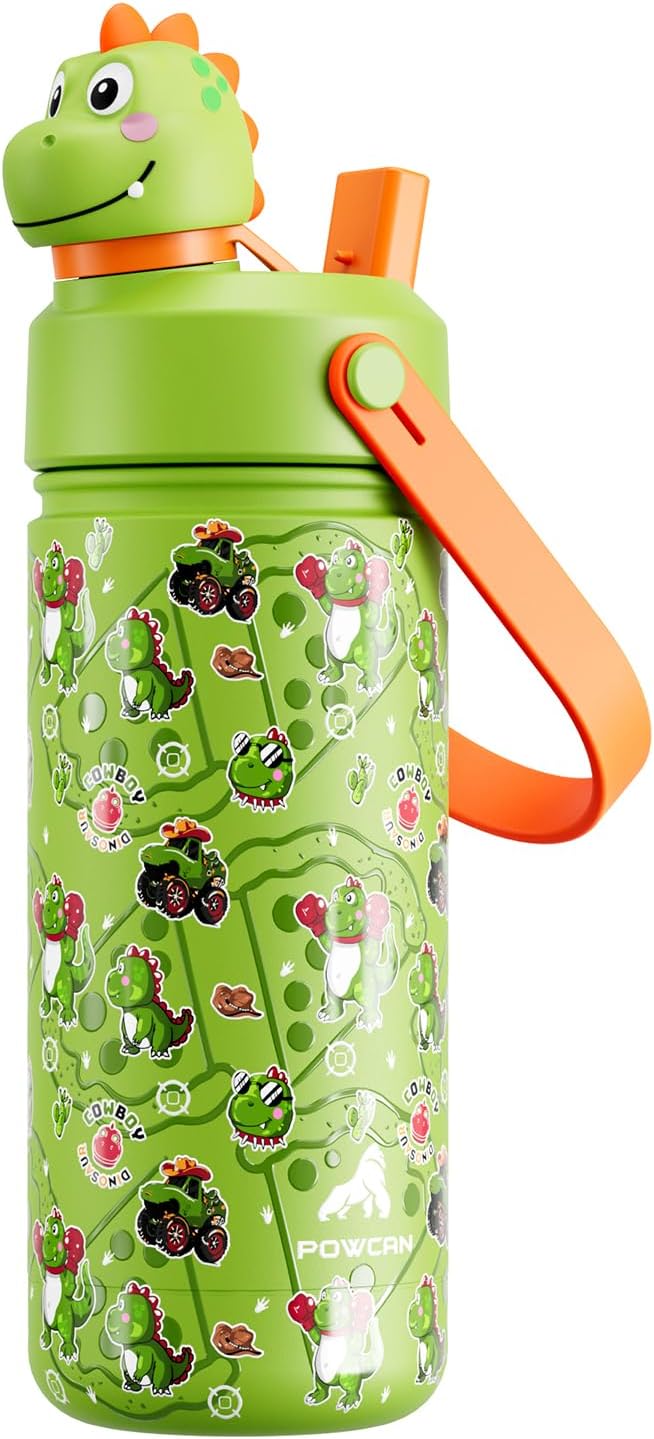 POWCAN 18 oz Kids Stainless Steel Water Bottle: 2-in-1 Straw Spout Lid with Soft Animal Head, Leakproof, Car Cupholder Friendly, Keep Cold 24H, Insulated Bottle for School, Sports, Camp (Cowboy Rex)