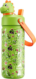 POWCAN 18 oz Kids Stainless Steel Water Bottle: 2-in-1 Straw Spout Lid with Soft Animal Head, Leakproof, Car Cupholder Friendly, Keep Cold 24H, Insulated Bottle for School, Sports, Camp (Cowboy Rex)