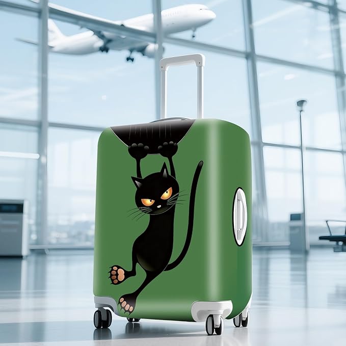 ANNA QUEEN Black Cat Hanging Cartoon Luggage Cover,Cute Stretchable Suitcase Protector Sleeve,Washable Fit for 24-26 Inch Checked Baggage,Water Resistant Durable Luggage Protector