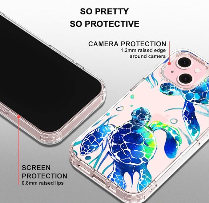 MOSNOVO Case for iPhone 15 Plus/iPhone 14 Plus, [Buffertech 6.6ft Military-Grade Drop Protection] [Anti Peel Off Tech] Clear TPU Bumper Phone Case Cover Design - Sea Turtles