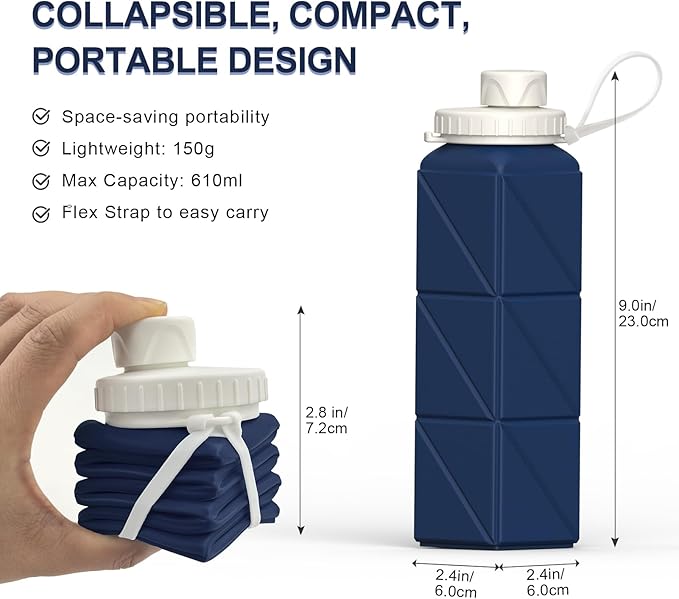 BEAUTAIL Collapsible Water Bottles 20.6oz, Silicone Foldable Portable Travel Water Bottle, BPA-Free, Leakproof Reusable for Traveling Camping Hiking Sports Outdoor, 2 Pack (Black+Dark Blue)