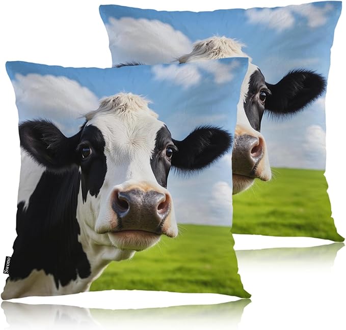 Swono Cow Bed Pillow Covers, Funny Farm Cattle Cow On Grass Meadow Decorative Throw Pillow Cover Cushion Case for Sofa Bed Living Room Farmhouse Decorations, 18"X18" 2 Pieces Pillowcases