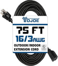 YOJOE Indoor Outdoor Extension Cord, 3 Prong 10A Weatherproof Power Cord, 16 Gauge Heavy Duty 75 ft Black Extension Cord for Garage, Garden and Home, 16/3 SJTW UL Listed