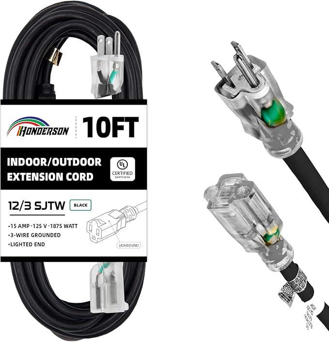 Indoor Outdoor Extension Cord Weatherproof with Lighted End, UL Listed, 12 Gauge 10FT Black 3 Prong Heavy Duty, 12/3 SJTW 15A Power Cord for Outdoor Lights, Lawn