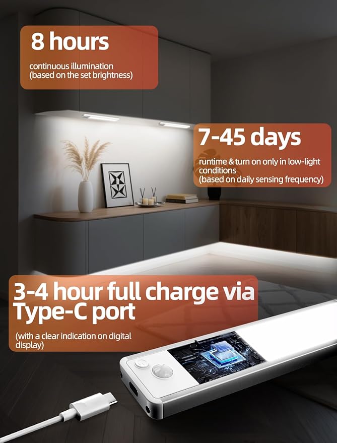 Under Cabinet Rechargeable Lighting: 8 Inch Motion Sensor Dimmable Lights Indoor - Battery Operated Lights - Wireless Closet Light Magnetic Led Light for Kitchen Home Bathroom Counter 2 Pack