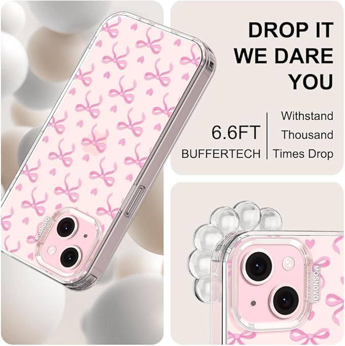 MOSNOVO Case for iPhone 15 Plus, [Buffertech 6.6ft Military-Grade Drop Protection] [Anti Peel Off Tech] Clear TPU Bumper Phone Case Cover Design - Bowtiful Love