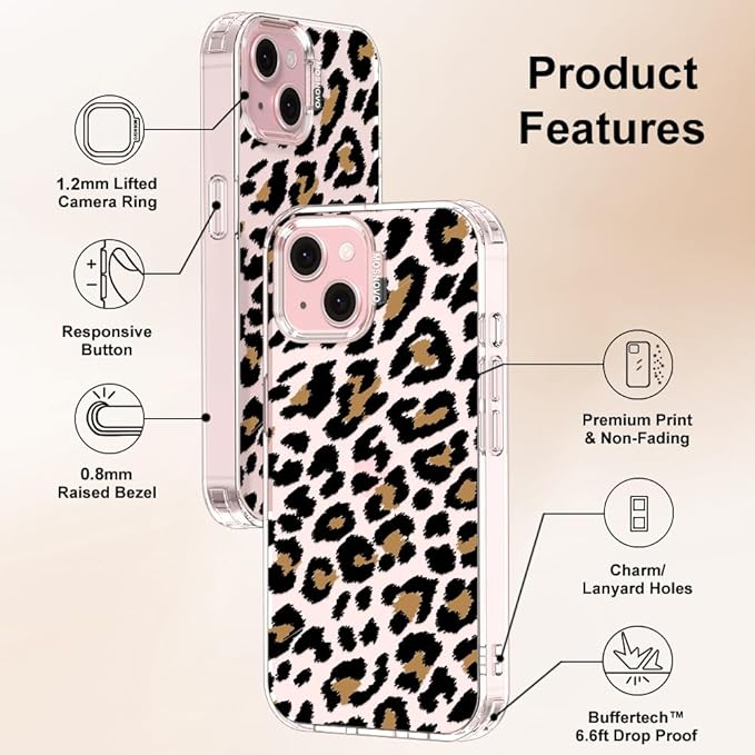 MOSNOVO Case for iPhone 15, [Buffertech 6.6ft Military-Grade Drop Protection] [Anti Peel Off Tech] Clear TPU Bumper Phone Case Cover Design - Leopard Print