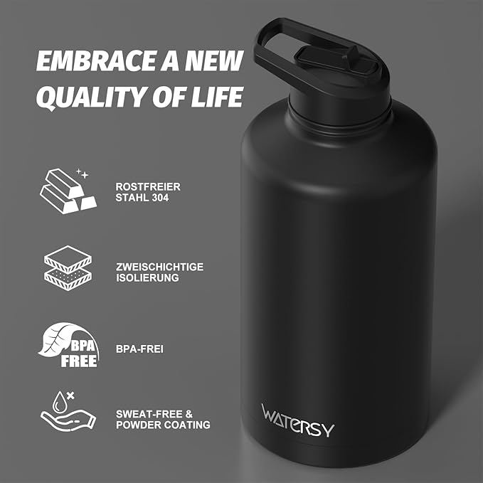 87oz Insulated Water Bottle (Cold for 48 Hrs),BPA Free&Leak Proof,1.5 Gallon Stainless Steel Water Flask,Water Jug with Straw Spout Lids for Gym,Hiking,Camping,Black