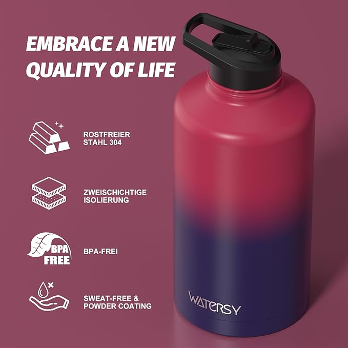 87oz Insulated Water Bottle (Cold for 48 Hrs),BPA Free&Leak Proof,1.5 Gallon Stainless Steel Water Flask,Water Jug with Straw Spout Lids for Gym,Hiking,Camping,Red Purple