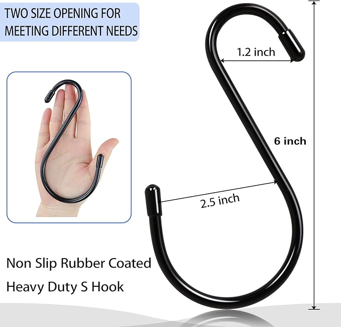 DINGEE 12 Pack 6 Inch Large S Hooks, Heavy Duty Vinyl Coated Non-Slip Metal Black Hooks for Hanging, Closet Kitchen Bathroom Garden Hooks for Pots Pans Clothes Plants Jeans Towels