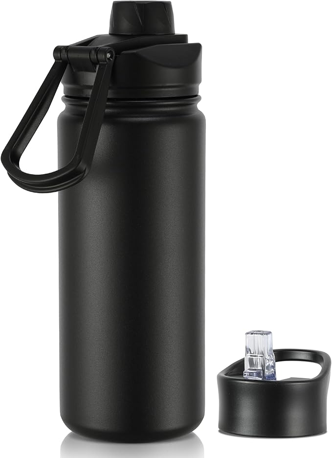 16 oz Insulated Water Bottle with Straw Lids, Stainless Steel Kids Water Bottles for School, Double Wall Vacuum Metal Water Bottle with Straw & Wide Mouth Lid, Black 1 Pack