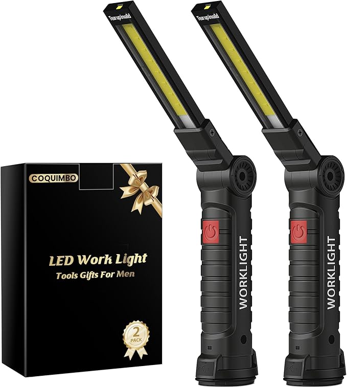 Coquimbo Tool Fathers Day Dad Gifts for Men Him Husband, Rechargeable LED Work Light BBQ Grill with Magnetic Base Hook, 360° Rotate Mechanic Flashlight Mens Easter Birthday Gifts (2 Pack Black)