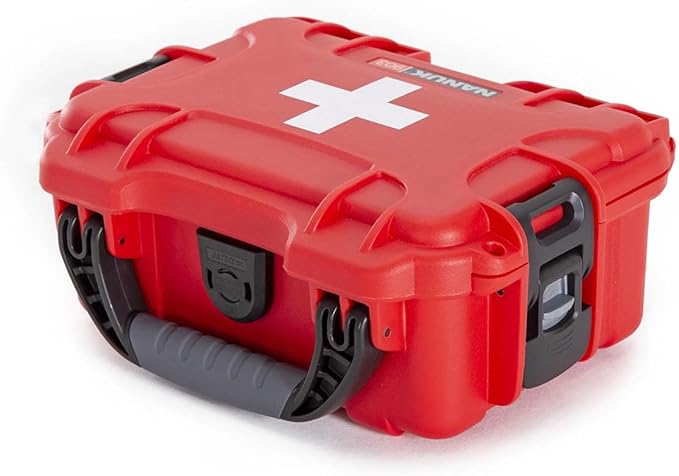 NANUK 903 - Small Waterproof First Aid Kit 78pcs – Pre-Stocked First Aid Emergency Kit with Bandages, Tick Removal Tool, and More – Dustproof, Impact-Resistant, Floats (7.4" x 4.9" x 3.1") – Red