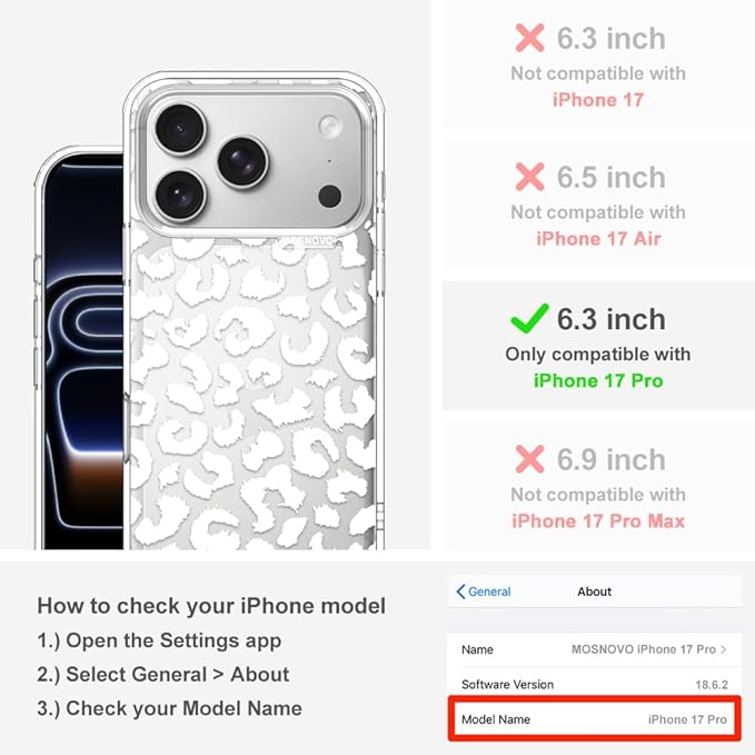 MOSNOVO for iPhone 17 Pro Case | Military Grade 6.6ft Drop Tested | Camera Control | Clear with White Leopard Print Design