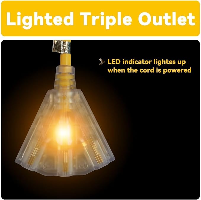 EP 2 Pack 25 Ft 12 Gauge Heavy Duty Extension Cord, 15A 125V 1875W, 3 Outlet Indoor/Outdoor Power Cord with Lighted End, 12/3 SJTW Weatherproof Yellow