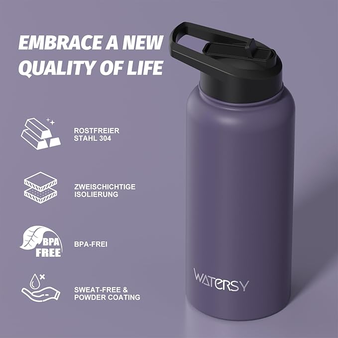 32oz Insulated Water Bottle (Cold for 48 Hrs),BPA Free&Leak Proof,Stainless Steel Water Flask,Water Jug with Straw Spout Lids for Gym,Hiking,Purple