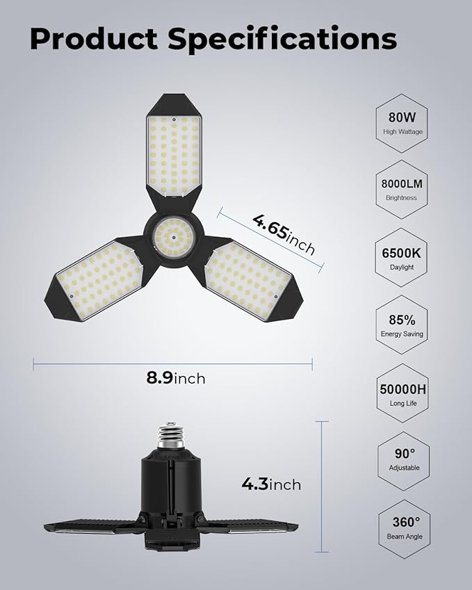 toberich LED Garage Light Bulbs 2 Pack, 8000LM Shop Lights with 3+1 Deformable Panels, 6500K Screw in Ceiling Lights Bay Lighting for Garage, Workshop, Workbench, Basement