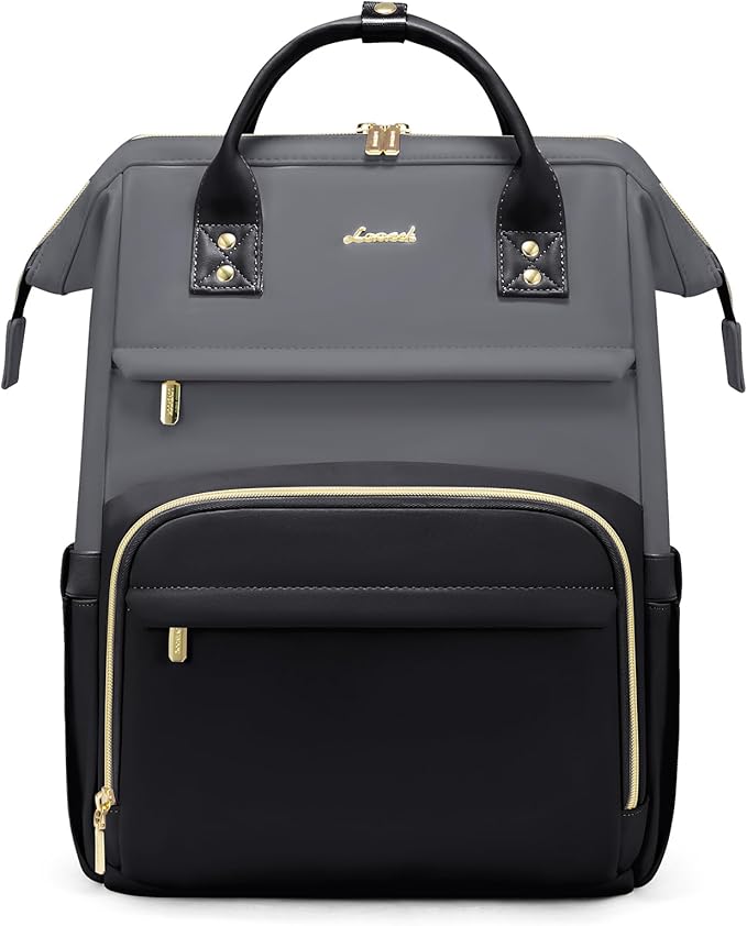 LOVEVOOK Leather Backpack for Women,17 inch Leather Laptop Backpacks Women,Professional Work Backpacks Nurse College Teacher Bag,Womens Laptop Tote Bag Computer Travel Backpack Purse,Smoky Gray-Black
