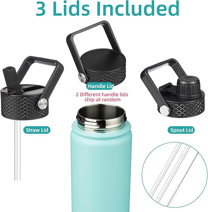 Konokyo Insulated Water Bottle 24oz Stainless Steel Sport Bottles with 3 Lids,Turquoise