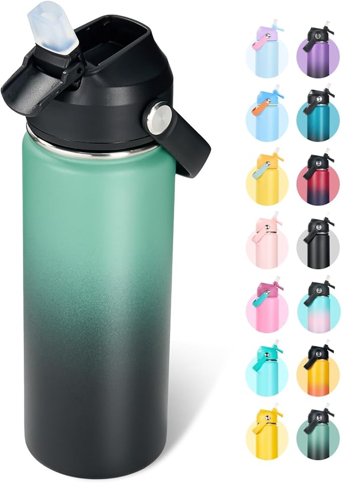 Fijinhom 18oz Insulated Stainless Steel Water Bottle, Wide Mouth Double Wall Vacuum, Silicone Straw, Sweat & Leak Proof, BPA Free Insulated Water Flask for Travel, Keep Cold 24h Hot 12h, Green & Black