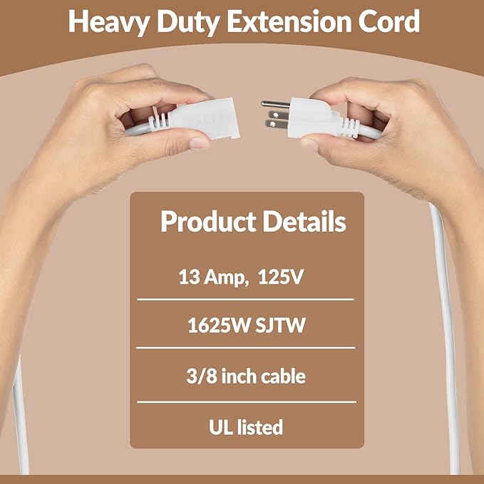 Heavy Duty Extension Cord/Wire Power Cable, Indoor 16/3, Single Outlet, 3 Feet, UL Listed, White