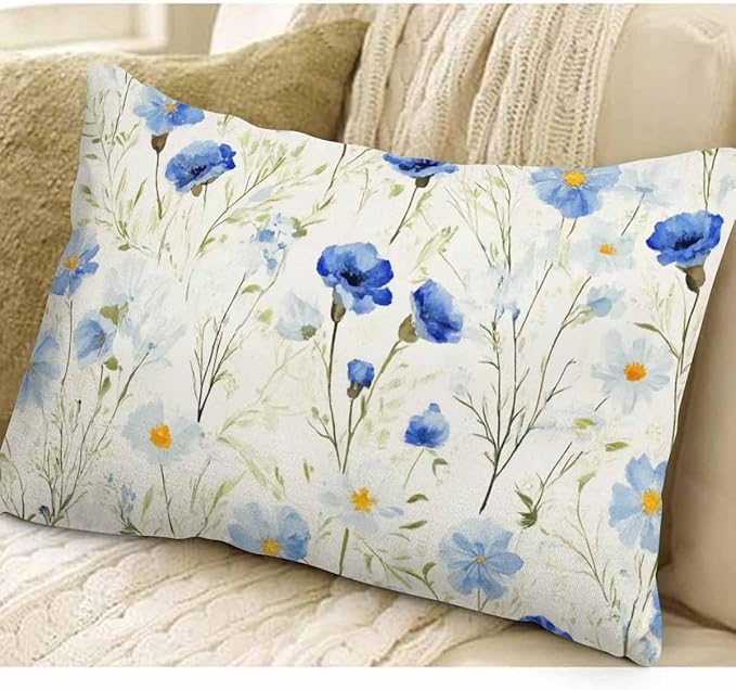 EKOBLA Watercolor Flowers Decorative Pillow Case Throw Pillow Covers Blue Cornflower Daisy Spring Linen Lumber Decorative Throw Cushion Cover Pillowcases for Bed Sofa Oblong Rectangle 12x20