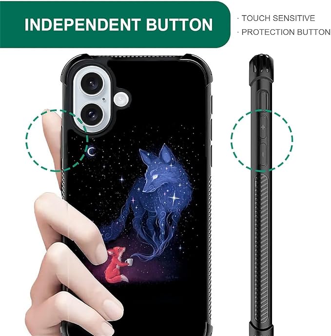 for iPhone 16 Case, Galaxy Fox Wolf Pattern Graphic Design Girl Boy Soft Silicone Hard Acrylic Shock Protection for iPhone 16
